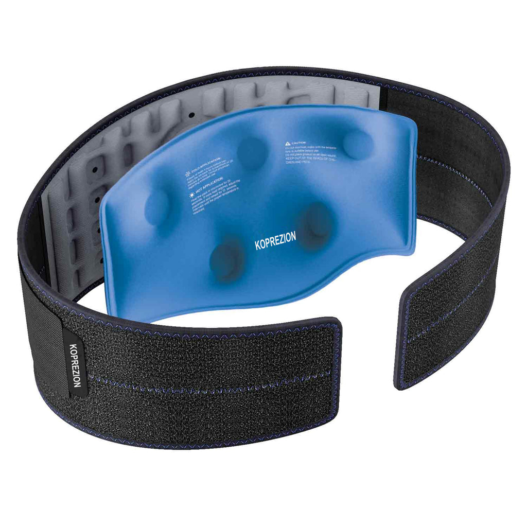 Open Koprezion Back CryoPump showing blue gel pack, printed instructions and black fastening belt