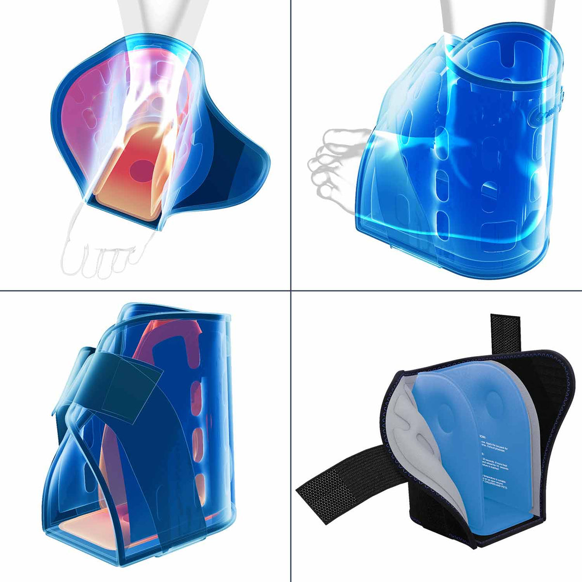 Four views of the Koprezion Foot CryoPump blue gel wrap and foot coverage