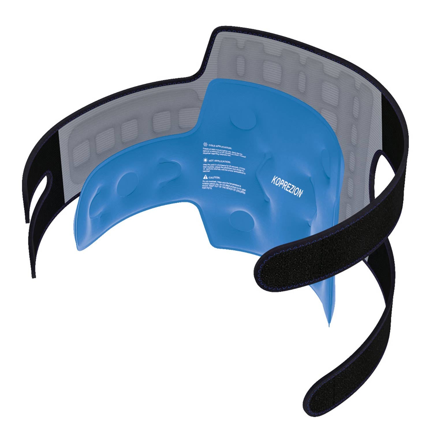 Open Koprezion Knee CryoPump showing blue gel interior, printed instructions and fastening straps