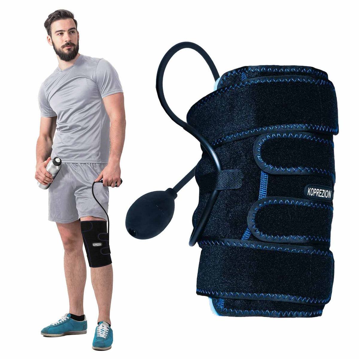 Man wearing the Koprezion Knee CryoPump beside a close view of the wrap and hand pump