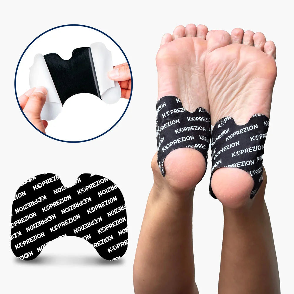 Koprezion pain patches worn around both feet, with a peel demonstration and loose patch